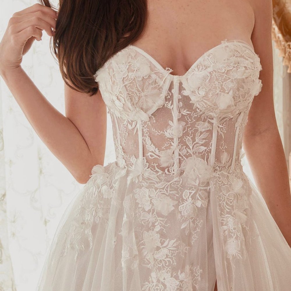 Strapless Lace Bridal Ball Gown Sheer Bodice Leg Slit